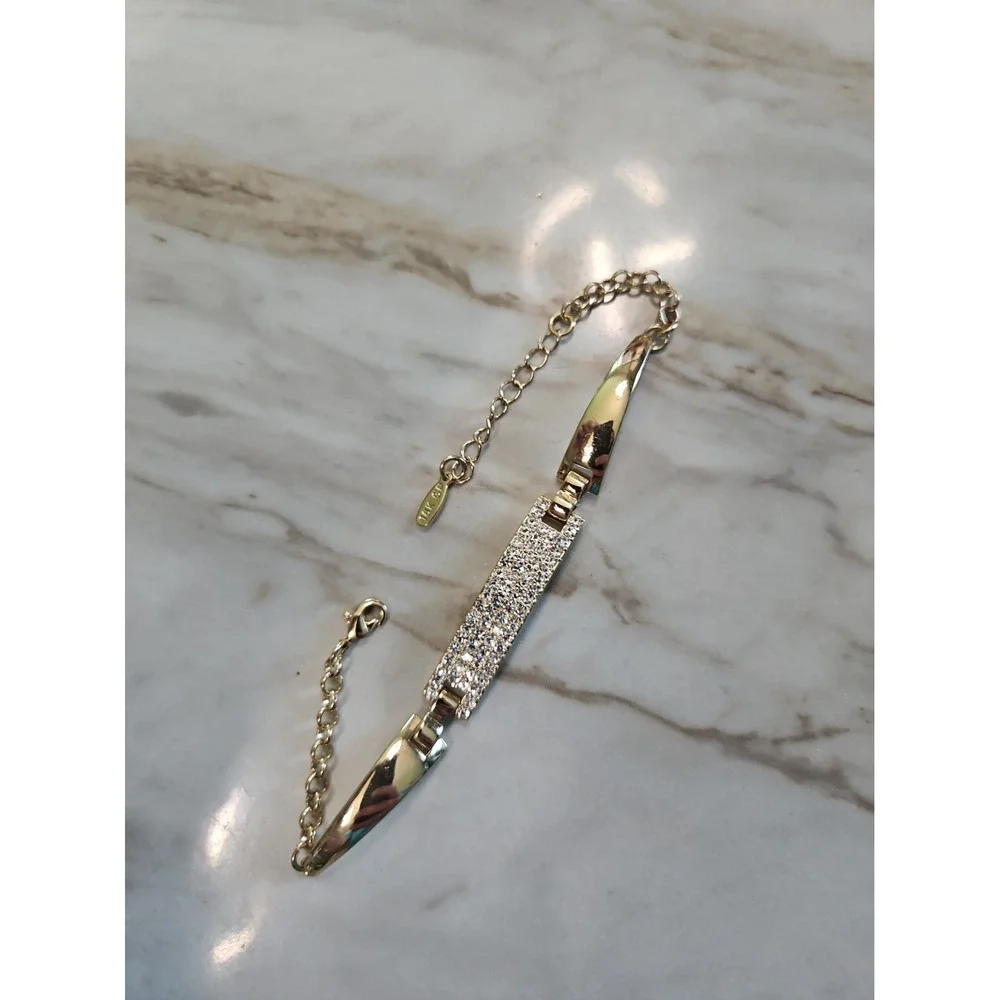 18K GP Crystal Bar Link Bracelet Gold Tone Adjustable 5.5-8